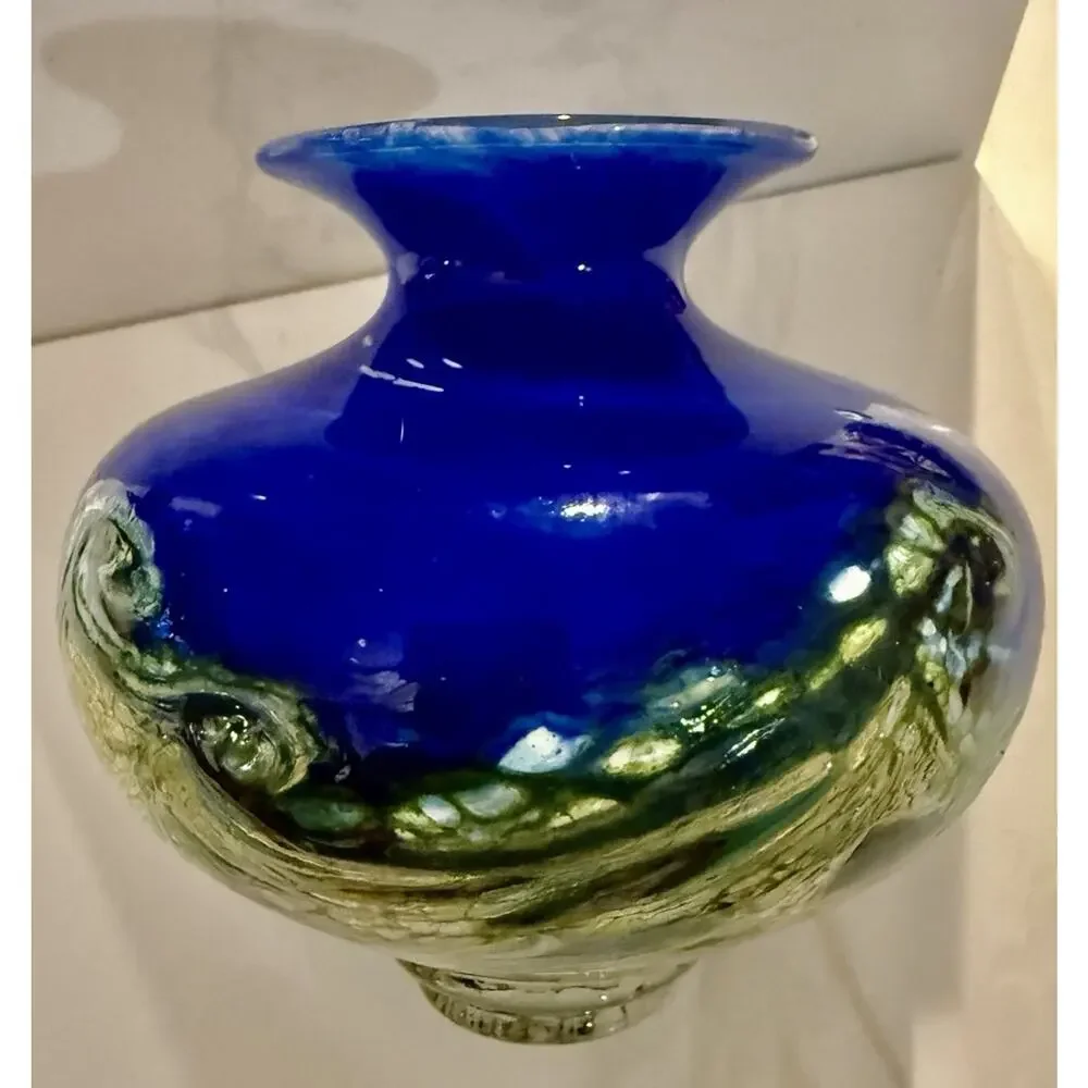 Signed Art Glass Bud Vase Cobalt Blue Greens Art Glass Vase 5x4 Inches